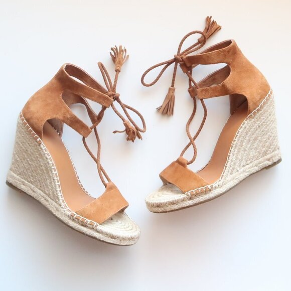 NEW Joie Deliah Tan Suede Leather Lace-up Tassel Espadrille Wedge Heel Sandals